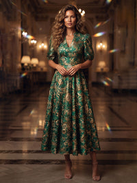 Jacquard A-Line/Princess V-Neck Tea-Length Mother of the Bride & Groom Dresses with Pleats