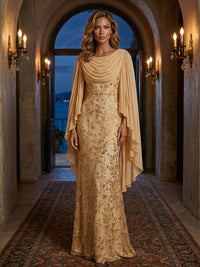 Sequin Floral Sheath/Column Cowl Neck Maxi Mother of the Bride & Groom Dresses with Chiffon Cape