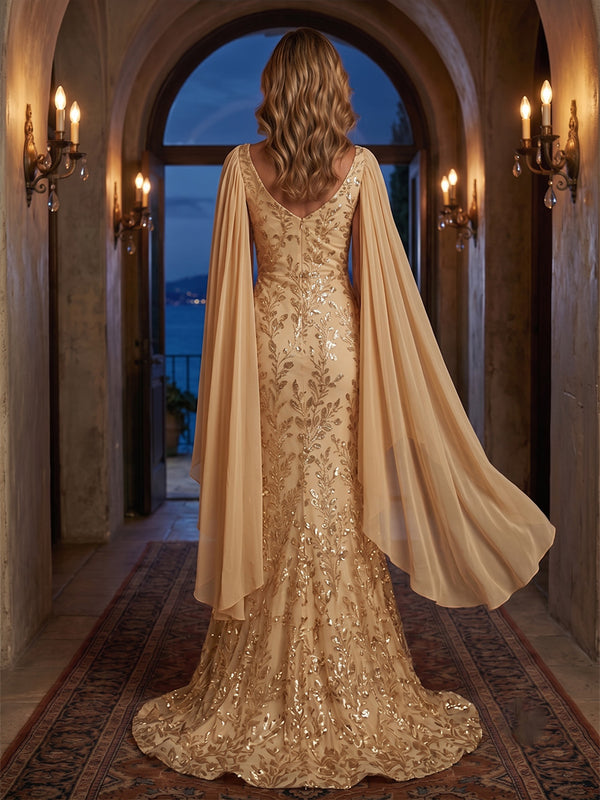 Sequin Floral Sheath/Column Cowl Neck Maxi Mother of the Bride & Groom Dresses with Chiffon Cape