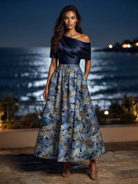 Jacquard A-Line/Princess Off Shoulder Floor-Length Mother of the Bride & Groom Dresses with Ruched Satin Bodice