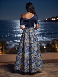 Jacquard A-Line/Princess Off Shoulder Floor-Length Mother of the Bride & Groom Dresses with Ruched Satin Bodice