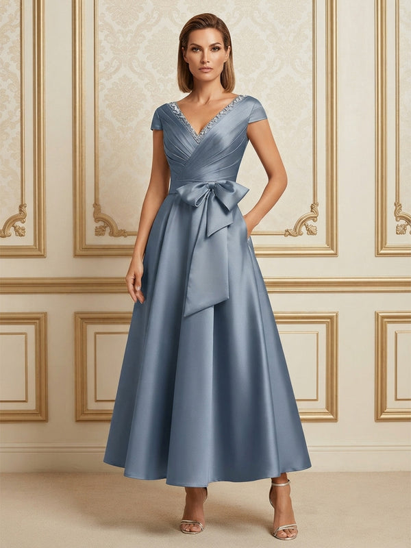 Satin A-Line/Princess V-Neck Floor-Length Mother of the Bride & Groom Dresses with Ruched Waist & Pockets