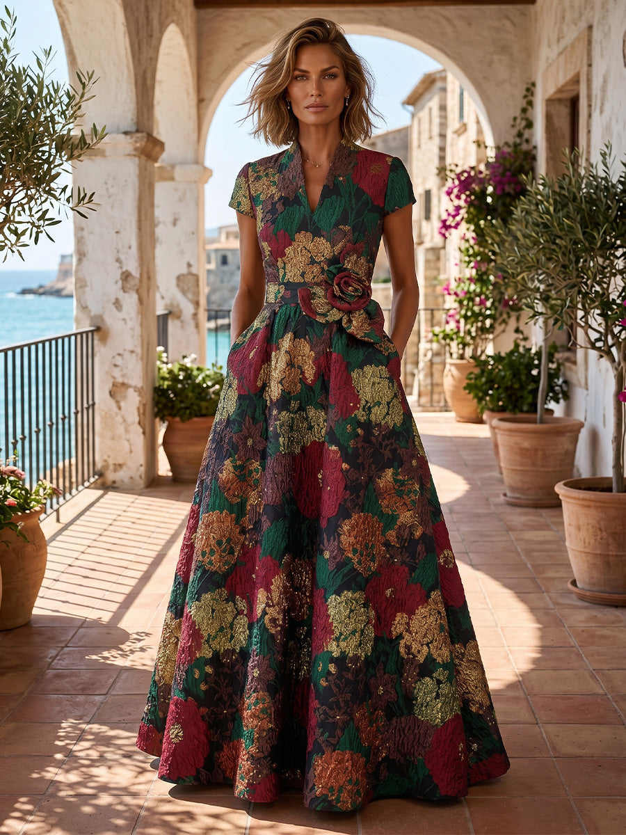 Jacquard A-Line/Princess V-Neck Floor-Length Mother of the Bride & Groom Dresses with Pockets