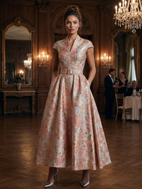 Jacquard A-Line/Princess V-Neck Tea-Length Mother of the Bride & Groom Dresses with Ruched Waist & Pockets
