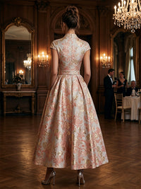Jacquard A-Line/Princess V-Neck Tea-Length Mother of the Bride & Groom Dresses with Ruched Waist & Pockets