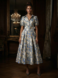 Jacquard A-Line/Princess V-Neck Tea-Length Mother of the Bride & Groom Dresses with Belt