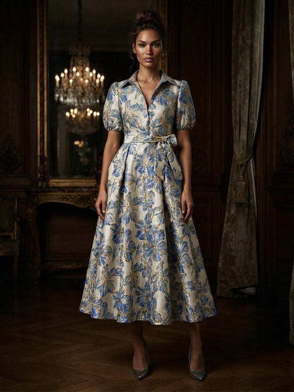 Jacquard A-Line/Princess V-Neck Tea-Length Mother of the Bride & Groom Dresses with Belt