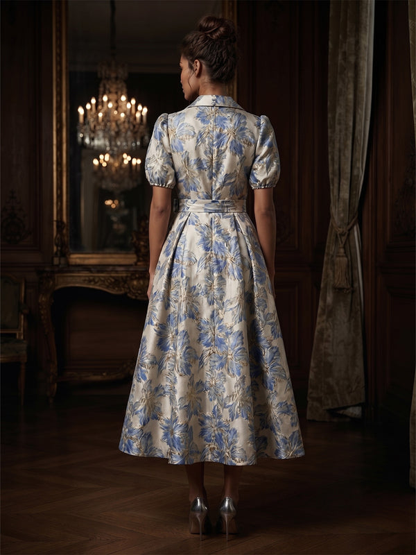Jacquard A-Line/Princess V-Neck Tea-Length Mother of the Bride & Groom Dresses with Belt