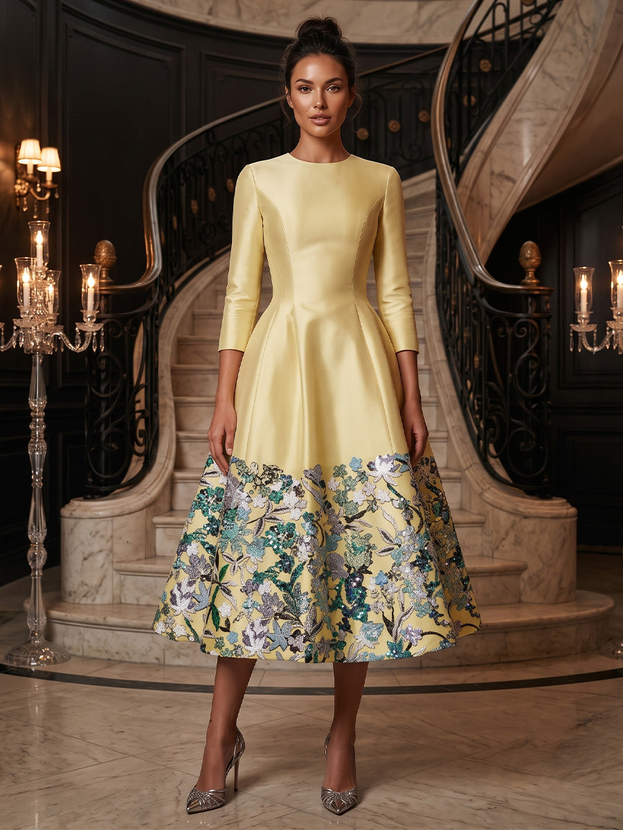 Satin A-Line/Princess Scoop Neck Tea-Length Mother of the Bride & Groom Dresses with Sequin Floral