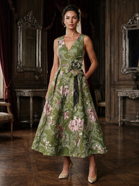 Jacquard A-Line/Princess V-Neck Tea-Length Mother of the Bride & Groom Dresses with Pockets