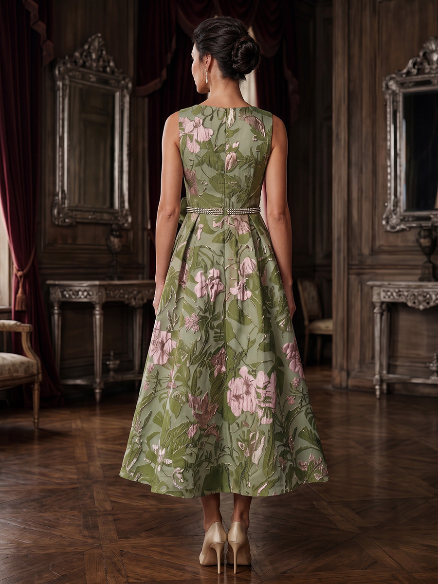 Jacquard A-Line/Princess V-Neck Tea-Length Mother of the Bride & Groom Dresses with Pockets