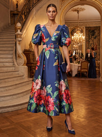 Floral Print A-Line/Princess V-Neck Tea-Length Mother of the Bride & Groom Dresses with Belt & Pockets