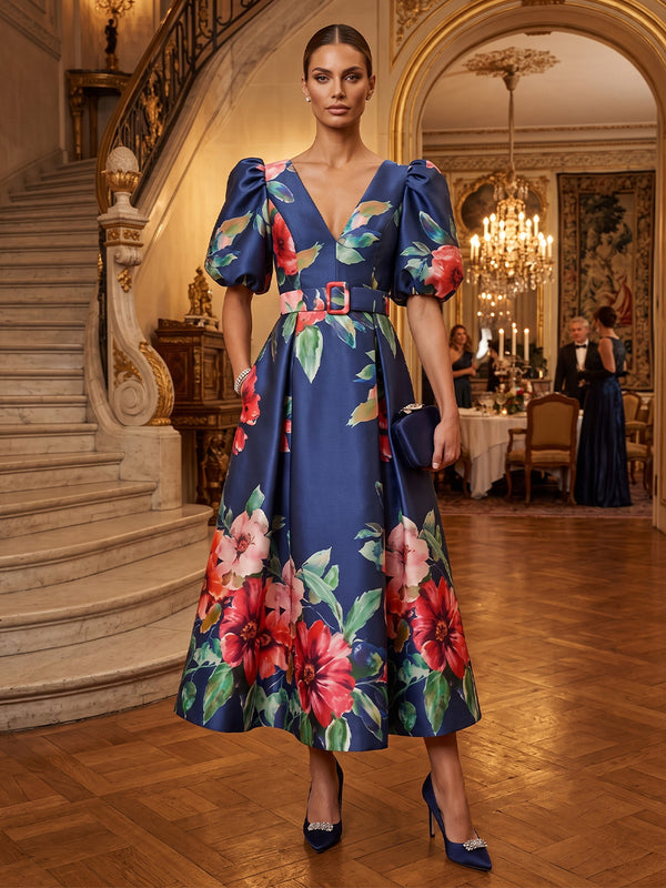 Floral Print A-Line/Princess V-Neck Tea-Length Mother of the Bride & Groom Dresses with Belt & Pockets