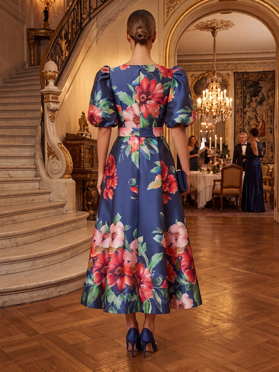 Floral Print A-Line/Princess V-Neck Tea-Length Mother of the Bride & Groom Dresses with Belt & Pockets