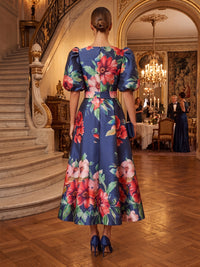 Floral Print A-Line/Princess V-Neck Tea-Length Mother of the Bride & Groom Dresses with Belt & Pockets