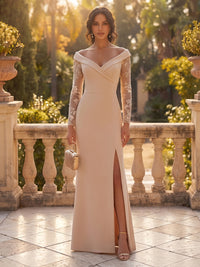 Sheath/Column Off Shoulder Stretch Jersey Floor-Length Mother of the Bride & Groom Dresses with Lace Appliques Sleeves & Slit