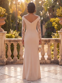 Sheath/Column Off Shoulder Stretch Jersey Floor-Length Mother of the Bride & Groom Dresses with Lace Appliques Sleeves & Slit