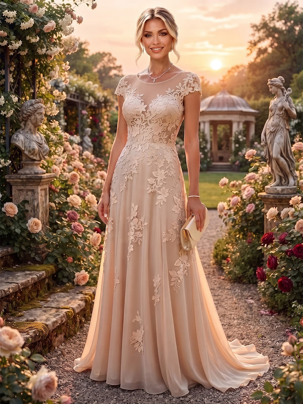 Shirees A-Line/Princess Scoop Neck Chiffon Floor-Length Mother of the Bride & Groom Dresses with Lace Appliques & Pleats 2026