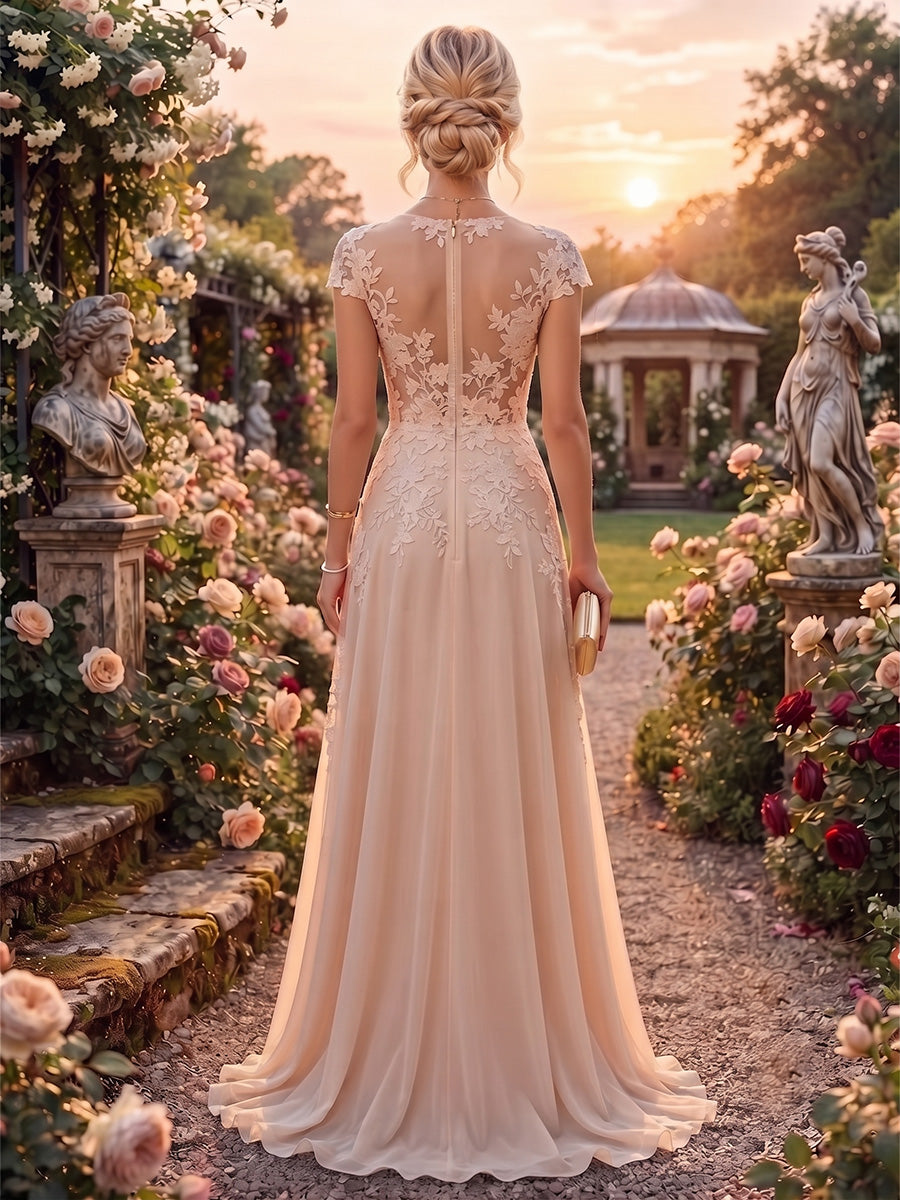 A-Line/Princess Scoop Neck Chiffon Floor-Length Mother of the Bride & Groom Dresses with Lace Appliques & Pleats