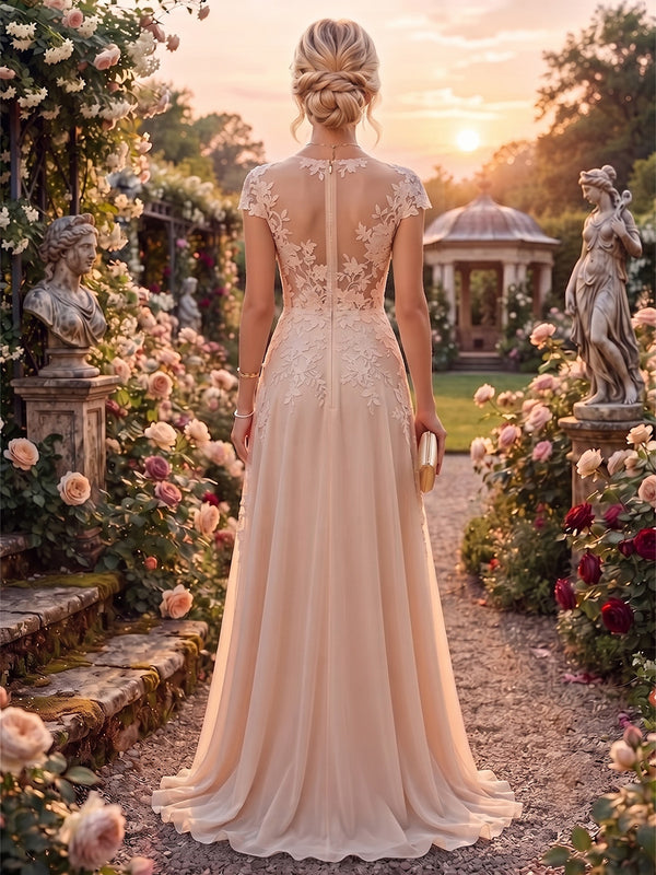 A-Line/Princess Scoop Neck Chiffon Floor-Length Mother of the Bride & Groom Dresses with Lace Appliques & Pleats