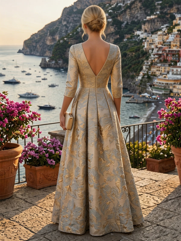 A-Line/Princess Jacquard V-Neck Floor-Length 3/4 Sleeves Mother of the Bride & Groom Dresses with Ruched Waist & Pockets