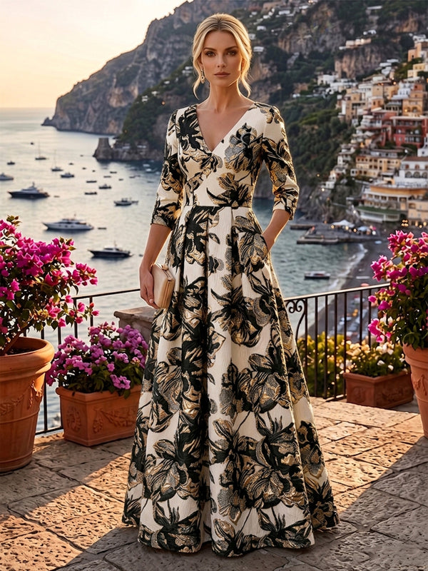 A-Line/Princess Jacquard V-Neck Floor-Length 3/4 Sleeves Mother of the Bride & Groom Dresses with Ruched Waist & Pockets