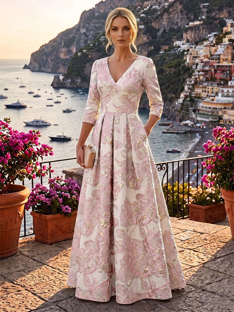 A-Line/Princess Jacquard V-Neck Floor-Length 3/4 Sleeves Mother of the Bride & Groom Dresses with Ruched Waist & Pockets
