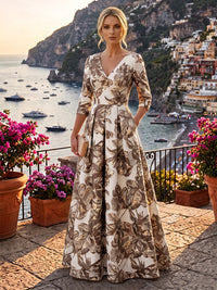 A-Line/Princess Jacquard V-Neck Floor-Length 3/4 Sleeves Mother of the Bride & Groom Dresses with Ruched Waist & Pockets