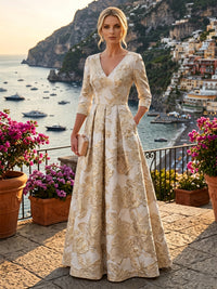 A-Line/Princess Jacquard V-Neck Floor-Length 3/4 Sleeves Mother of the Bride & Groom Dresses with Ruched Waist & Pockets