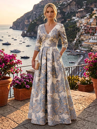 A-Line/Princess Jacquard V-Neck Floor-Length 3/4 Sleeves Mother of the Bride & Groom Dresses with Ruched Waist & Pockets