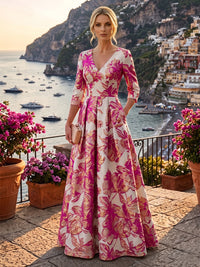 A-Line/Princess Jacquard V-Neck Floor-Length 3/4 Sleeves Mother of the Bride & Groom Dresses with Ruched Waist & Pockets