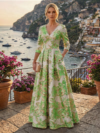 A-Line/Princess Jacquard V-Neck Floor-Length 3/4 Sleeves Mother of the Bride & Groom Dresses with Ruched Waist & Pockets