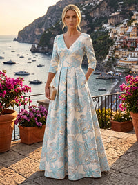 A-Line/Princess Jacquard V-Neck Floor-Length 3/4 Sleeves Mother of the Bride & Groom Dresses with Ruched Waist & Pockets