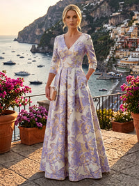 A-Line/Princess Jacquard V-Neck Floor-Length 3/4 Sleeves Mother of the Bride & Groom Dresses with Ruched Waist & Pockets