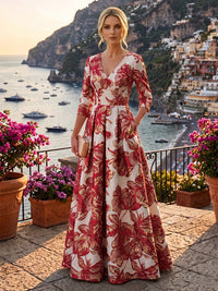 A-Line/Princess Jacquard V-Neck Floor-Length 3/4 Sleeves Mother of the Bride & Groom Dresses with Ruched Waist & Pockets