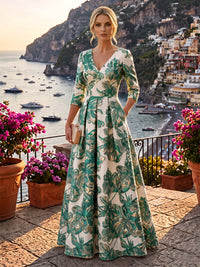 A-Line/Princess Jacquard V-Neck Floor-Length 3/4 Sleeves Mother of the Bride & Groom Dresses with Ruched Waist & Pockets