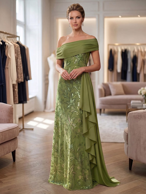 A-Line/Princess Off Shoulder Sequin Floral Floor-Length Mother of the Bride & Groom Dresses with Ruffles & Sweep Train