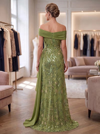 A-Line/Princess Off Shoulder Sequin Floral Floor-Length Mother of the Bride & Groom Dresses with Ruffles & Sweep Train