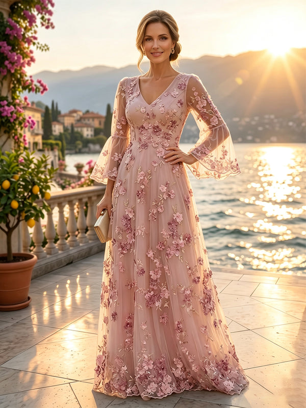 A-Line/Princess V-Neck Lace Floor-Length Mother of the Bride & Groom Dresses with 3D Flowers & Bell Sleeves