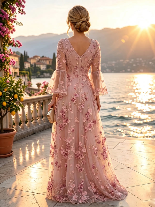 A-Line/Princess V-Neck Lace Floor-Length Mother of the Bride & Groom Dresses with 3D Flowers & Bell Sleeves