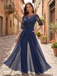 Scoop Neck Chiffon Floor-Length Mother of the Bride & Groom Jumpsuit with Lace Appliques