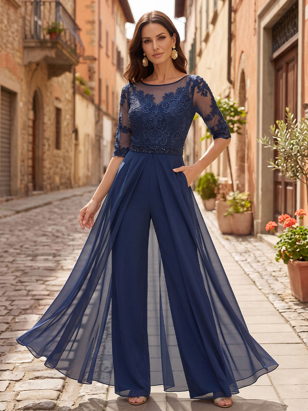 Scoop Neck Chiffon Floor-Length Mother of the Bride & Groom Jumpsuit with Lace Appliques