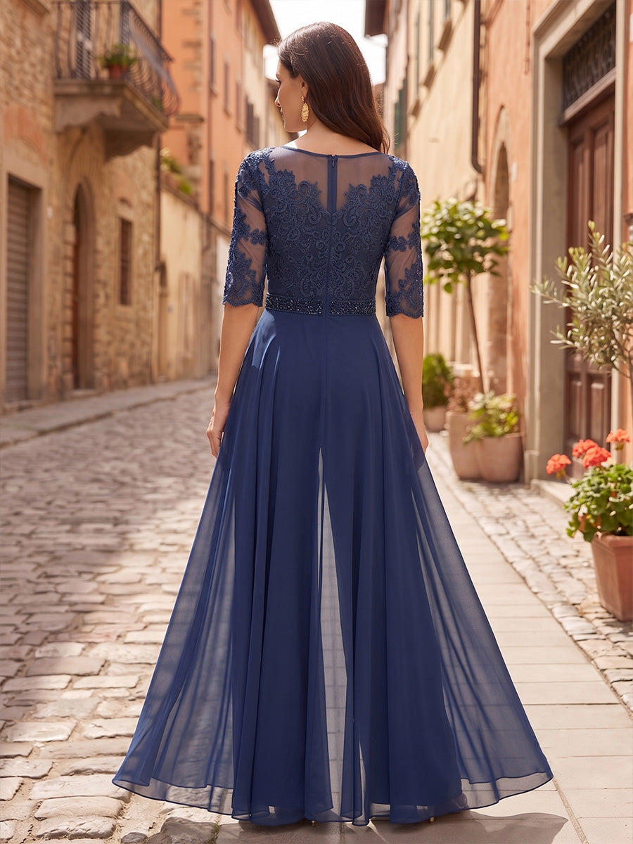 Scoop Neck Chiffon Floor-Length Mother of the Bride & Groom Jumpsuit with Lace Appliques