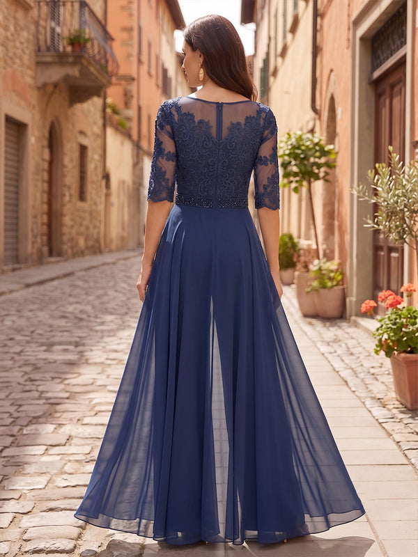 Scoop Neck Chiffon Floor-Length Mother of the Bride & Groom Jumpsuit with Lace Appliques