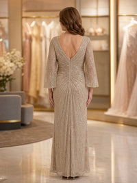 A-Line/Princess V-Neck Glitter Floor-Length 3/4 Sleeves Mother of the Bride & Groom Dresses with Ruched Waist