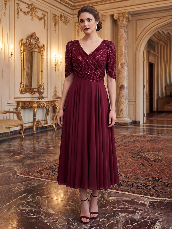 A-Line/Princess V-Neck Chiffon Tea-Length Mother of the Bride & Groom Dresses with Pleats