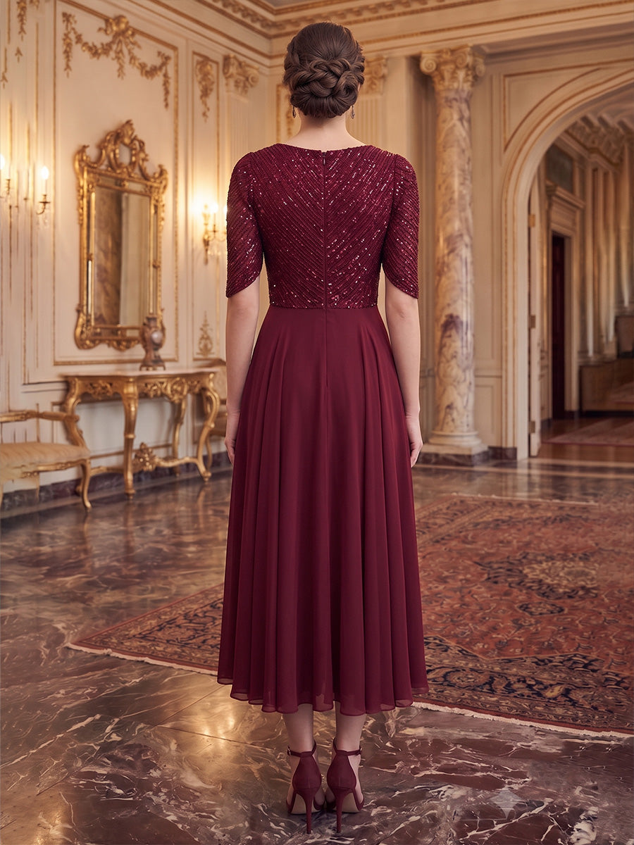 A-Line/Princess V-Neck Chiffon Tea-Length Mother of the Bride & Groom Dresses with Pleats