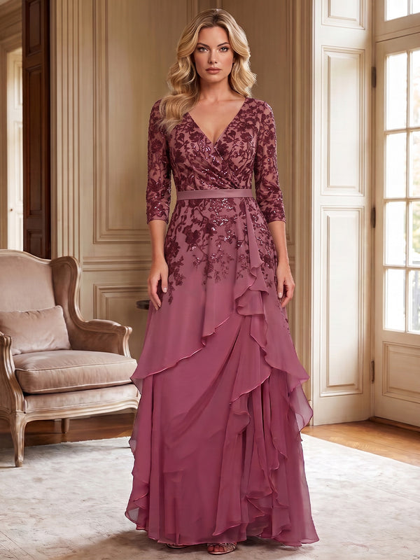 A-Line/Princess V-Neck Chiffon Floor-Length Mother of the Bride & Groom Dresses with Lace Appliques & Ruffles