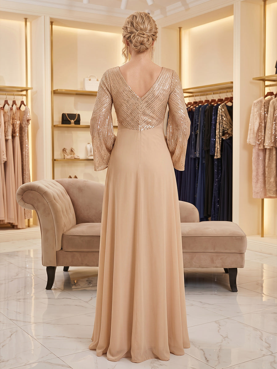 A-Line/Princess V-Neck Chiffon Floor-Length Mother of the Bride & Groom Dresses with Sequin Bodice