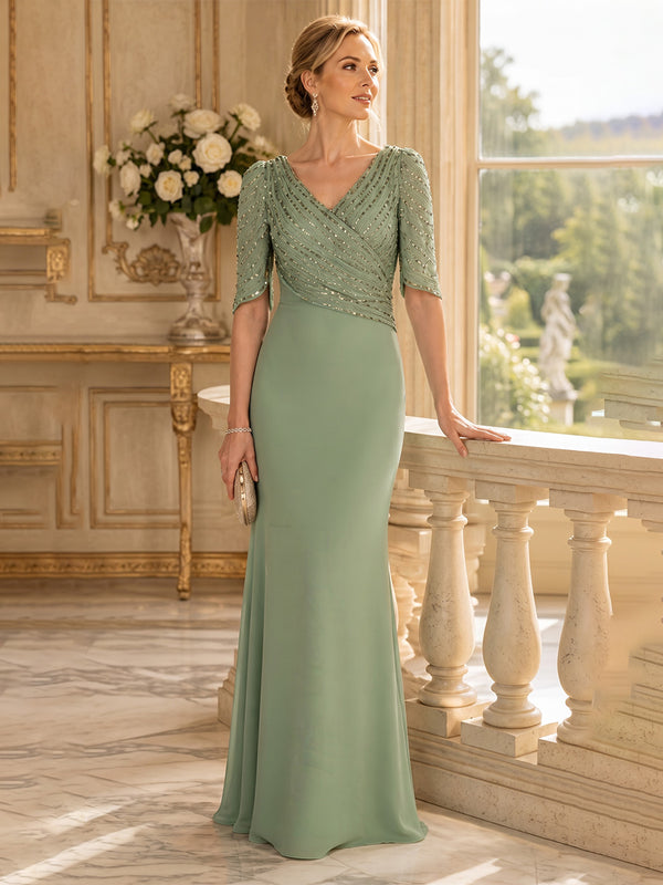 Sheath/Column V-Neck Chiffon Floor-Length Mother of the Bride & Groom Dresses with Sequin Bodice